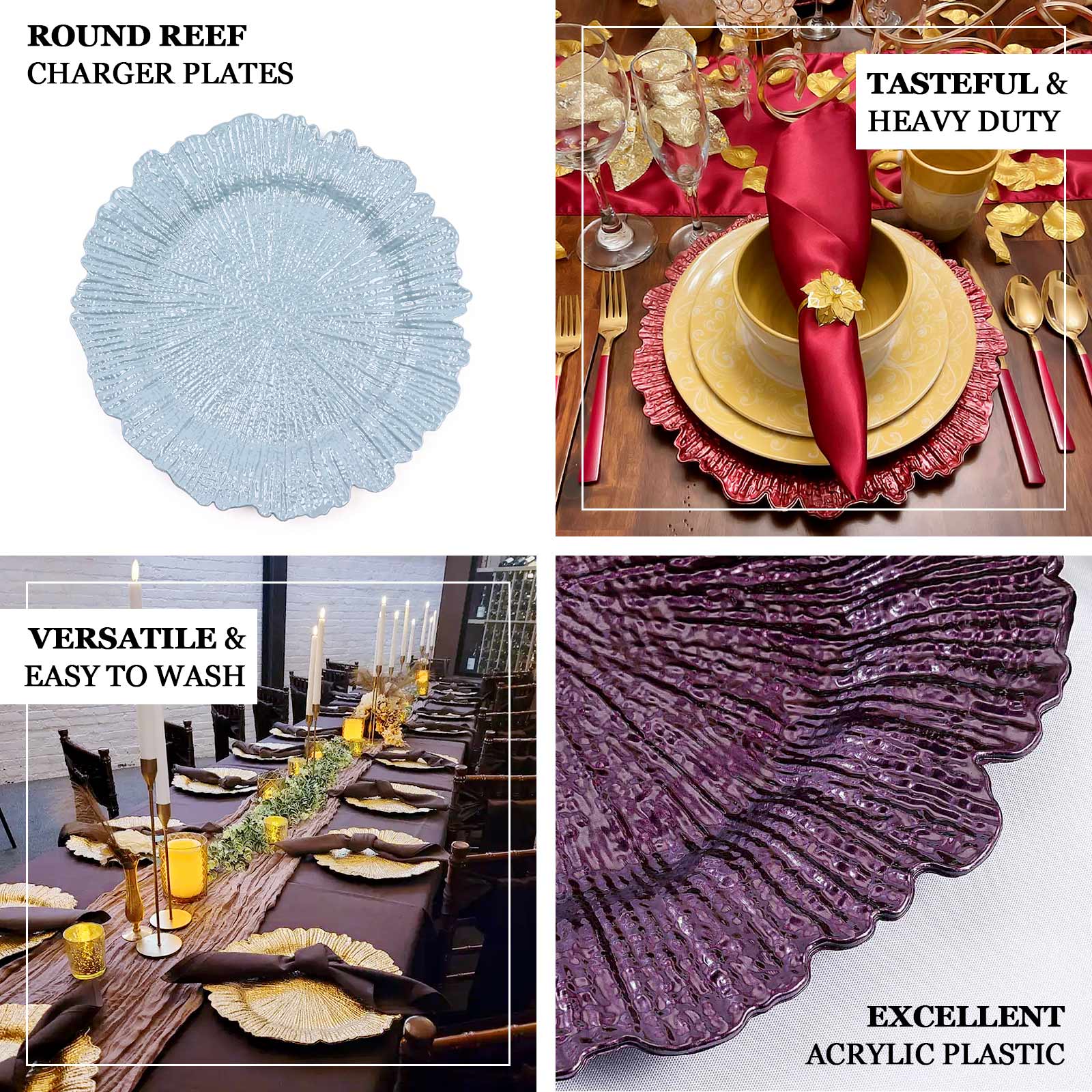 6-Pack Plastic Charger Plates 12", Round Clear with Gold Brushed Scalloped Reef Rim - Decorative Dinner Party Serving Plates