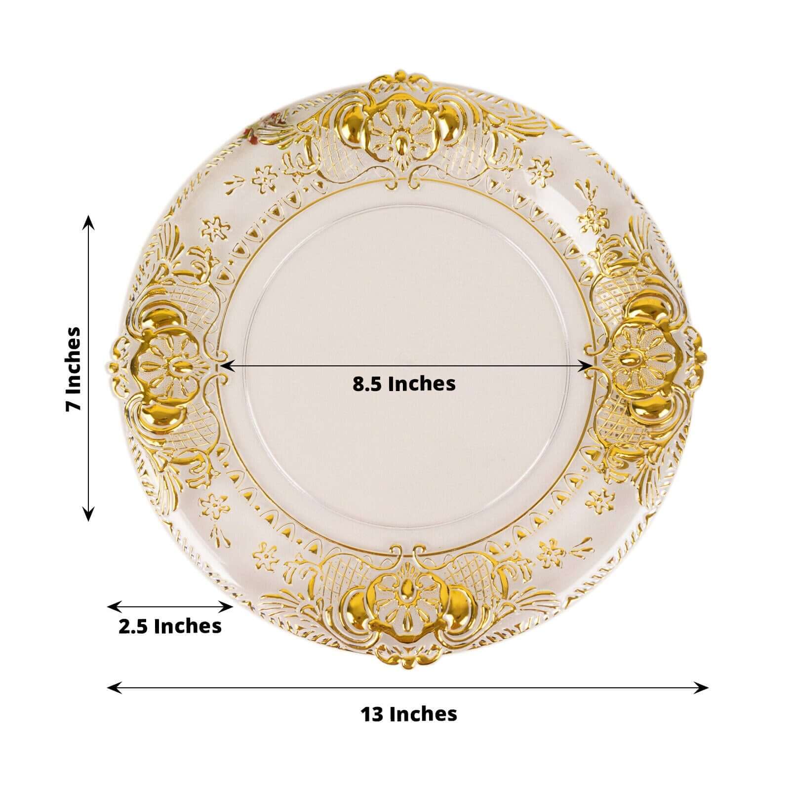 6-Pack Plastic Charger Plates 13" Round Clear with Gold Florentine Embossed Rim - Exquisite Dinner Serving Plates