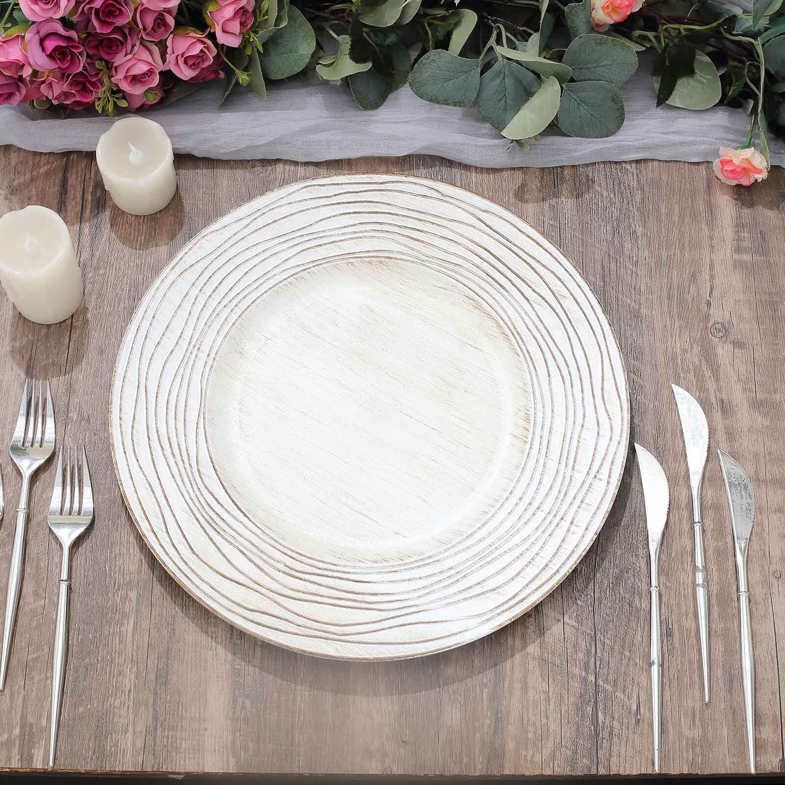 6-Pack Faux Wood Charger Plates 13" Round White Washed Rose Embossed Rim - Disposable Plastic Charger Tableware
