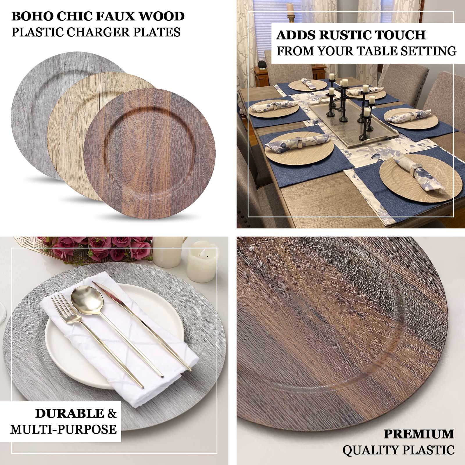6-Pack Plastic Charger Plates 13" Round Natural with Faux Wood Finish - Rustic Boho Chic Dinner Party Charger Tableware